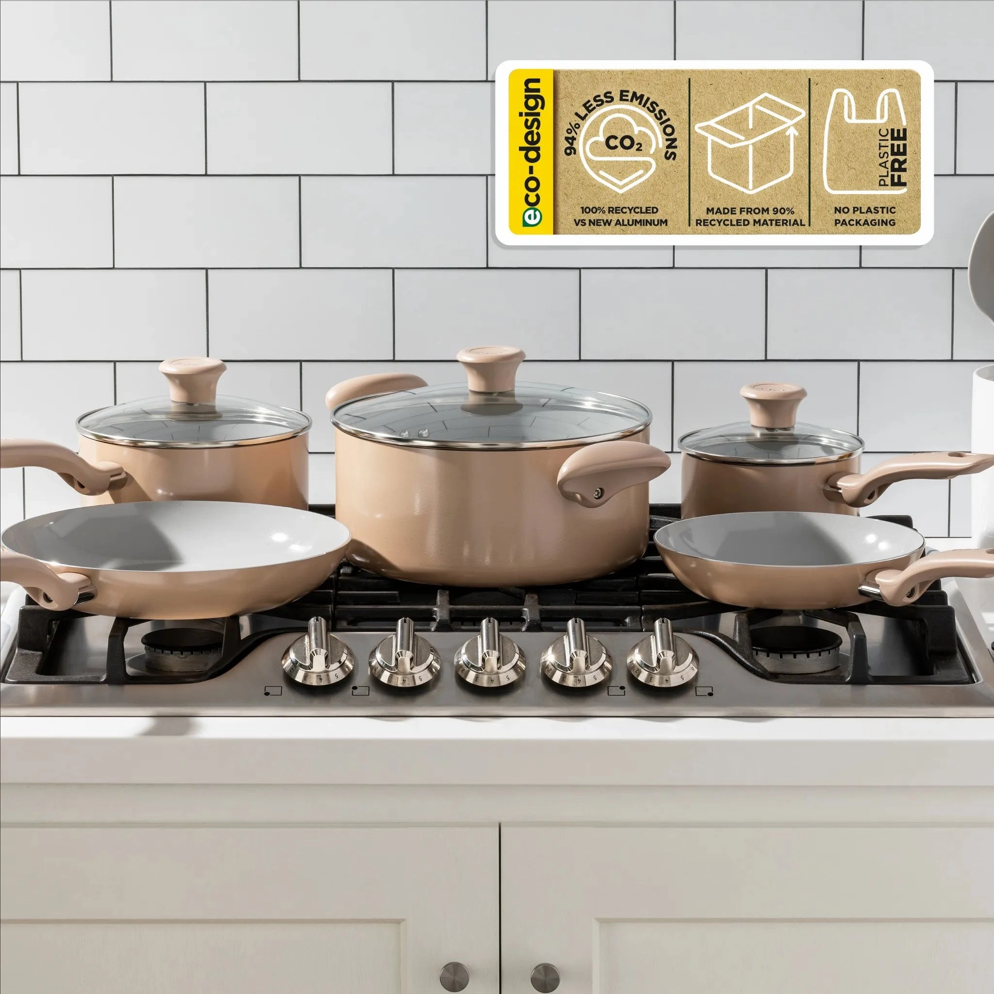 12pc Simply Cook Nonstick Ceramic Cookware Set With Lids & Cool Touch Handles - Beige