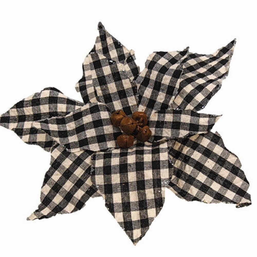 *Black/Wht Plaid Poinsettia Clip Ornament