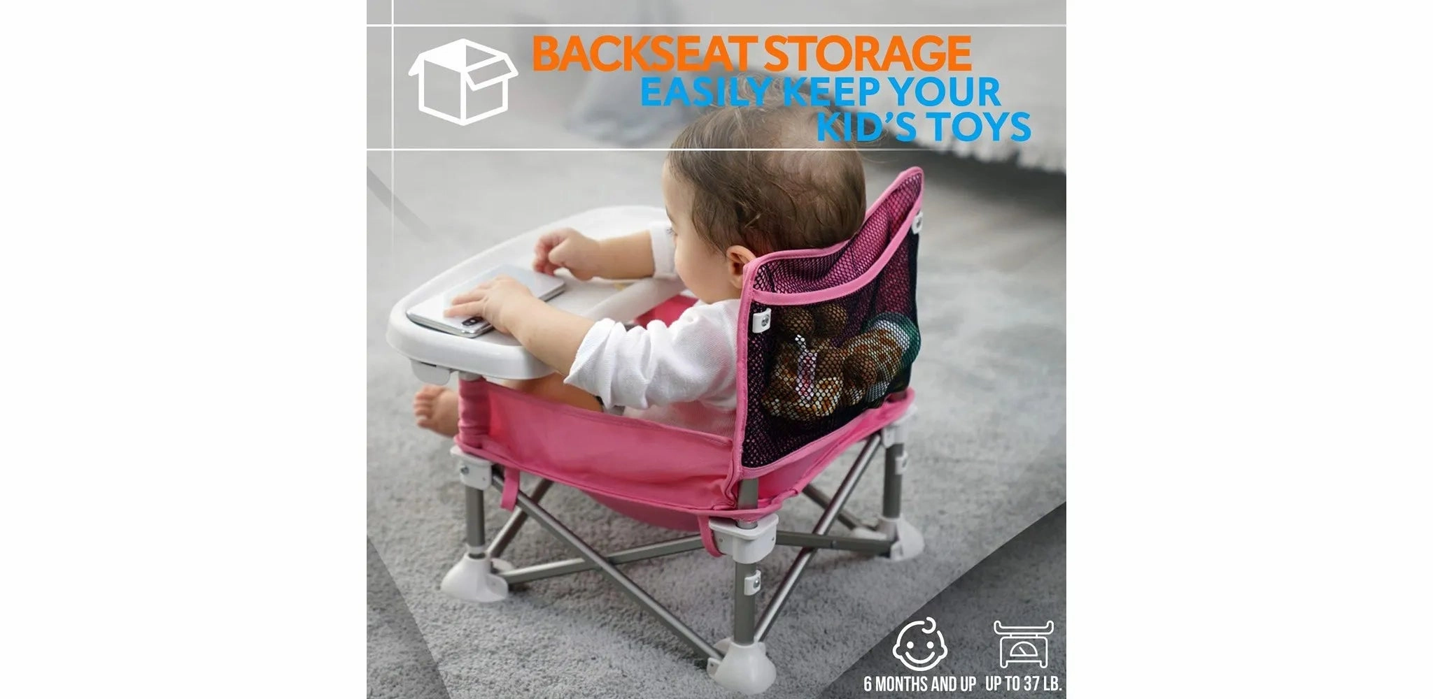 Baby Booster Seat - Portable Folding High Chair with Tray, Pink