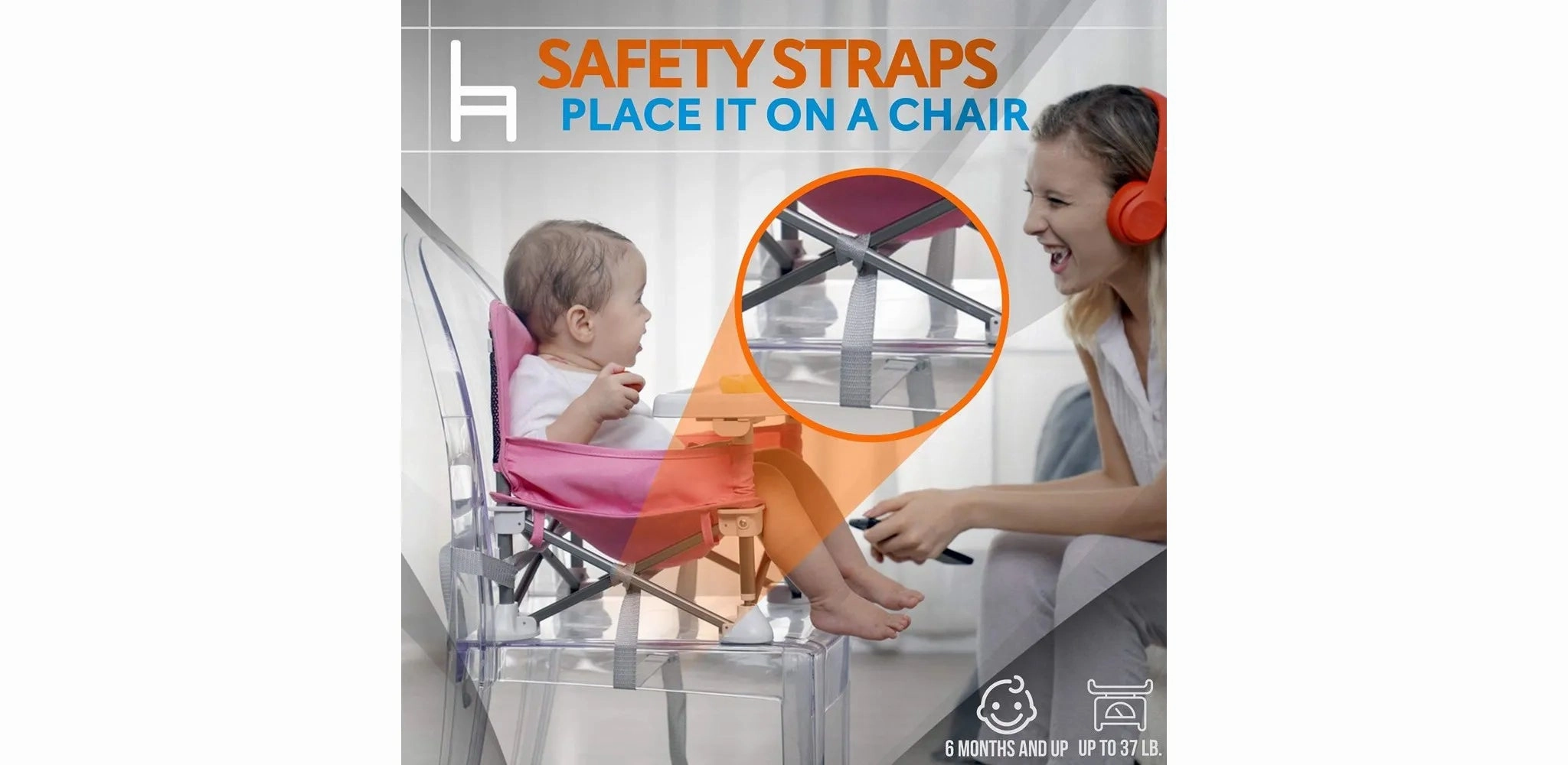 Baby Booster Seat - Portable Folding High Chair with Tray, Pink