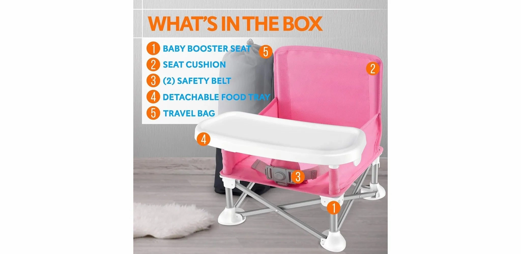 Baby Booster Seat - Portable Folding High Chair with Tray, Pink