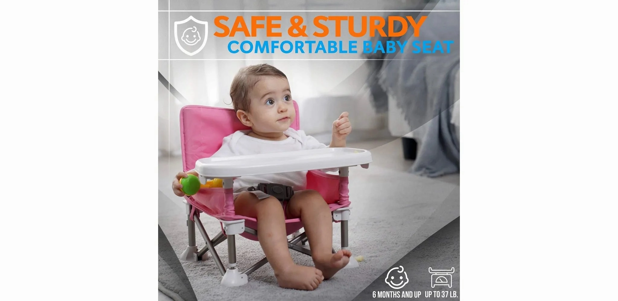 Baby Booster Seat - Portable Folding High Chair with Tray, Pink
