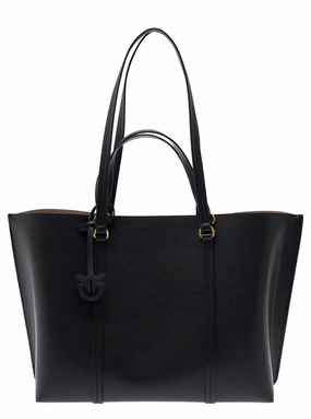 Black Large Tote Bag With Logo Charm In Grainy Leather