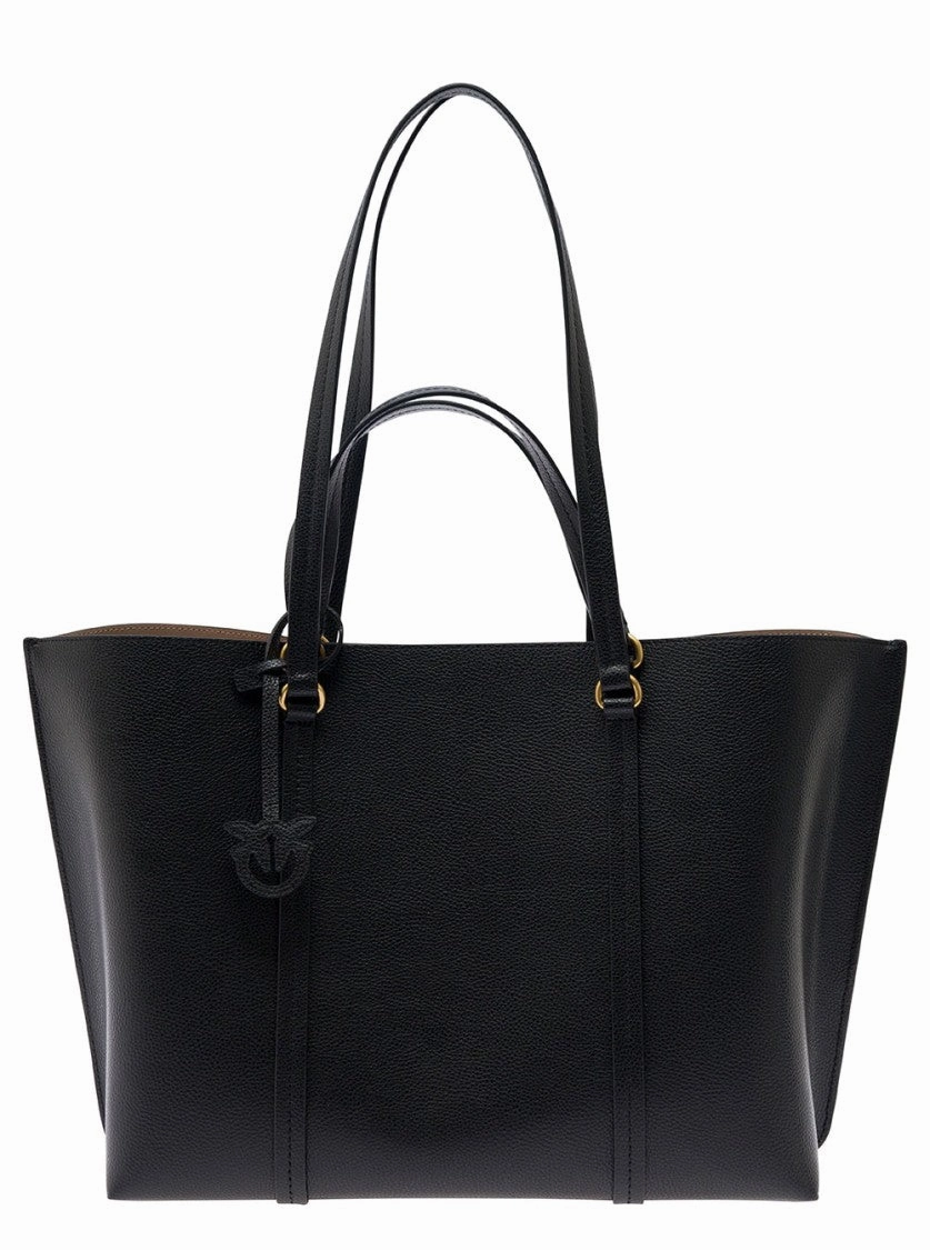 Black Large Tote Bag With Logo Charm In Grainy Leather