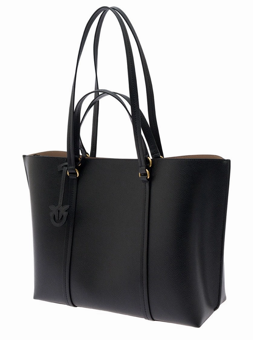 Black Large Tote Bag With Logo Charm In Grainy Leather