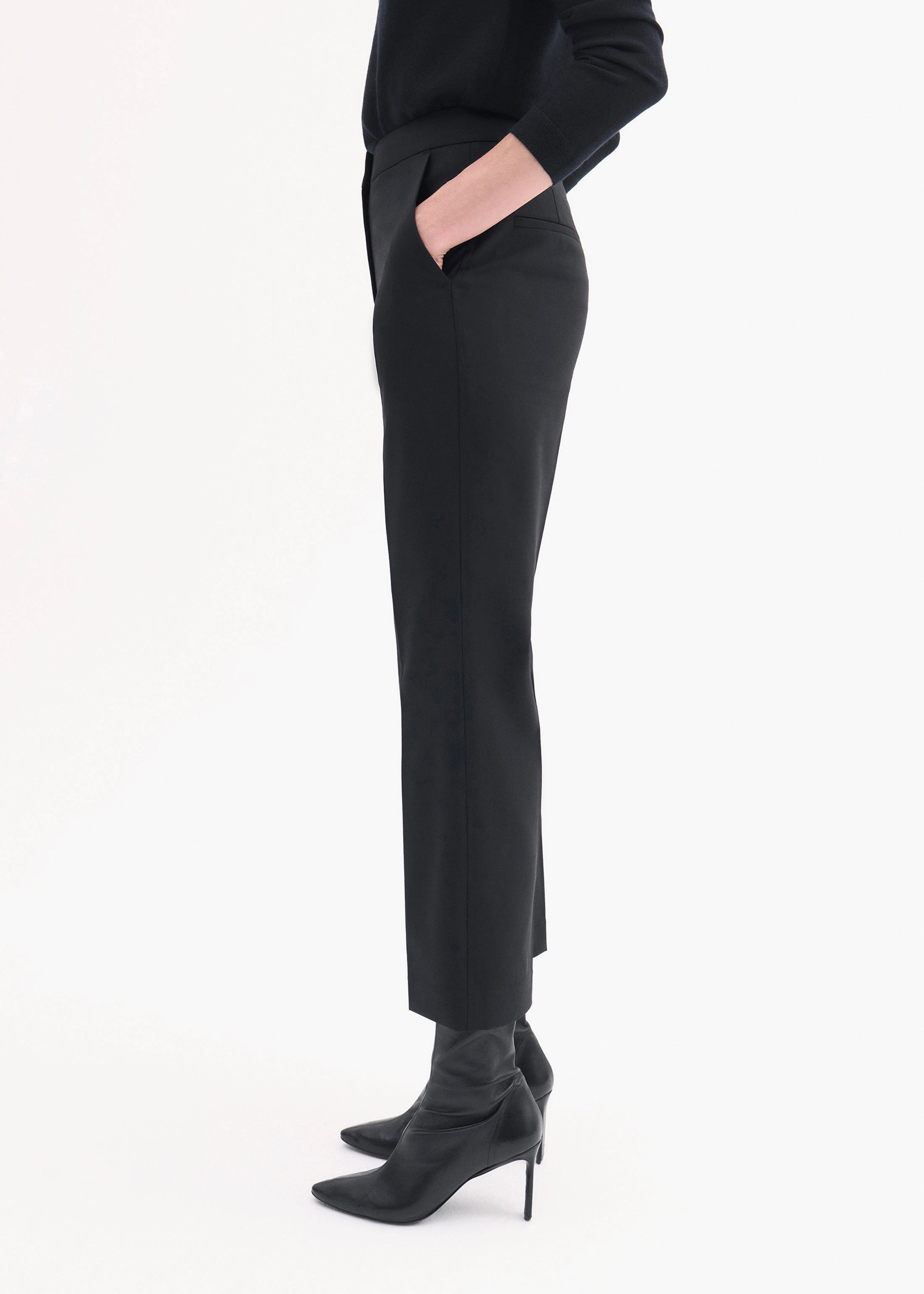 Cropped Cigarette Trouser in Virgin Wool - Black