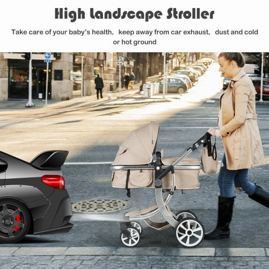 Folding Aluminum Infant Reversible Stroller With Diaper Bag-Beige