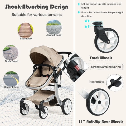 Folding Aluminum Infant Reversible Stroller With Diaper Bag-Beige