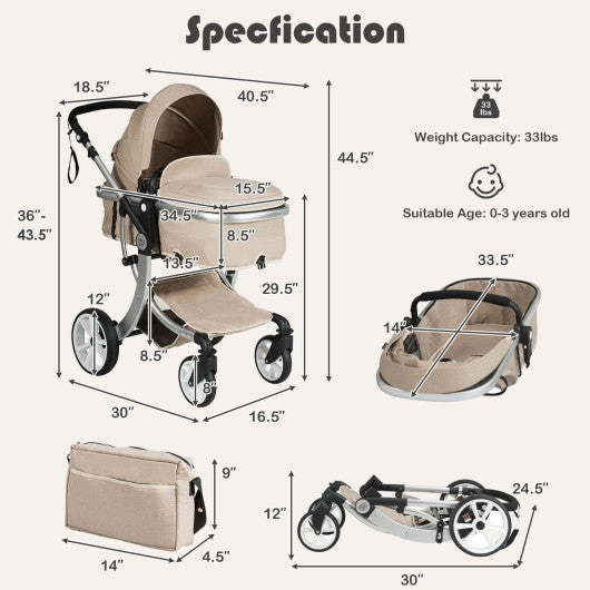 Folding Aluminum Infant Reversible Stroller With Diaper Bag-Beige