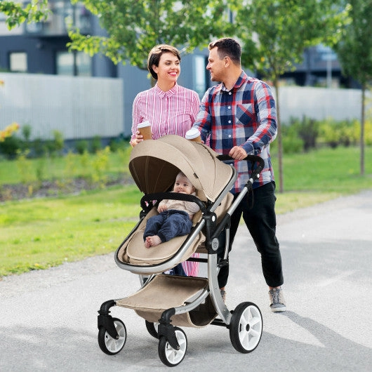 Folding Aluminum Infant Reversible Stroller With Diaper Bag-Beige