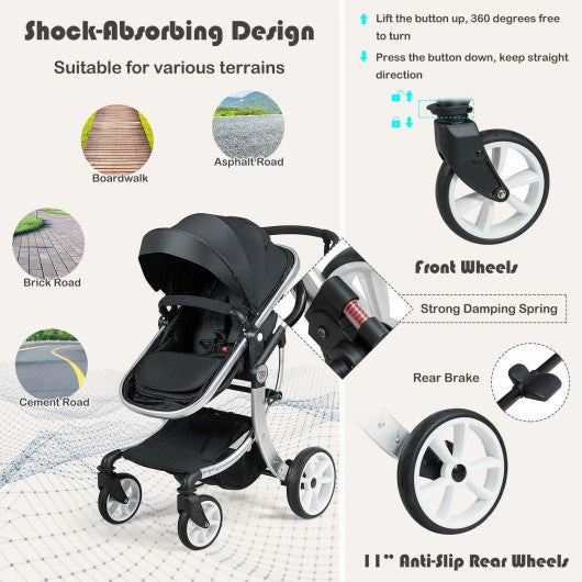 Folding Aluminum Infant Reversible Stroller With Diaper Bag-Black