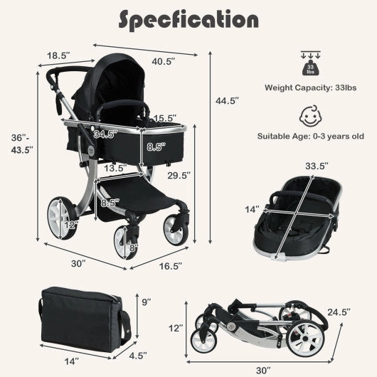 Folding Aluminum Infant Reversible Stroller With Diaper Bag-Black