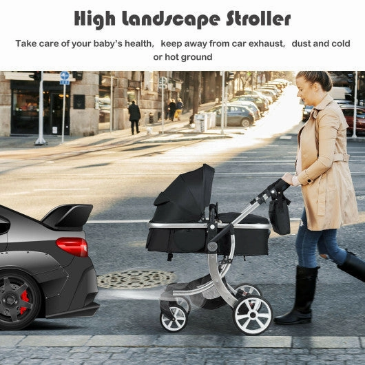 Folding Aluminum Infant Reversible Stroller With Diaper Bag-Black