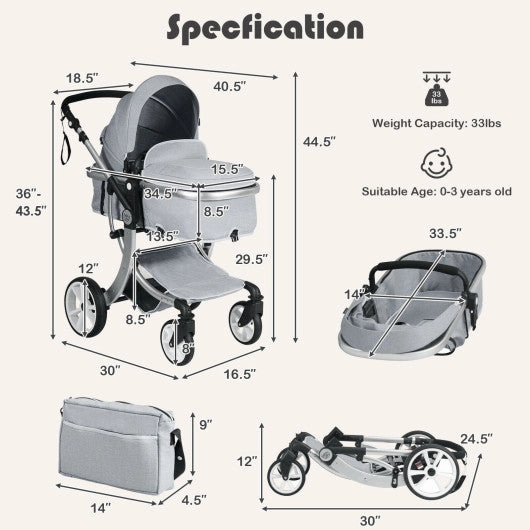 Folding Aluminum Infant Reversible Stroller With Diaper Bag-Gray