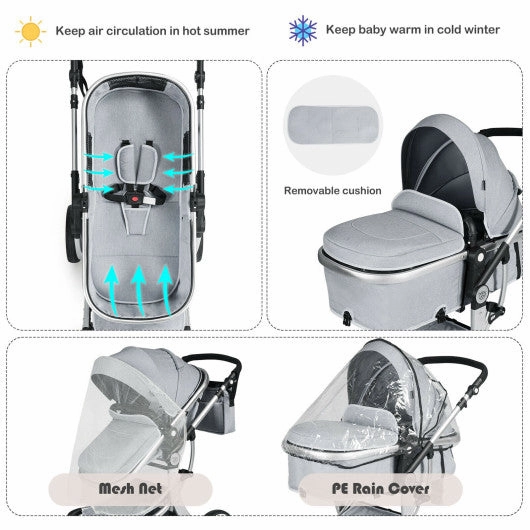 Folding Aluminum Infant Reversible Stroller With Diaper Bag-Gray