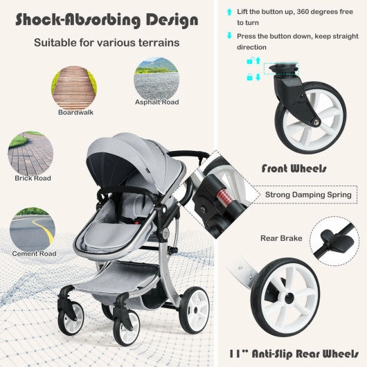 Folding Aluminum Infant Reversible Stroller With Diaper Bag-Gray