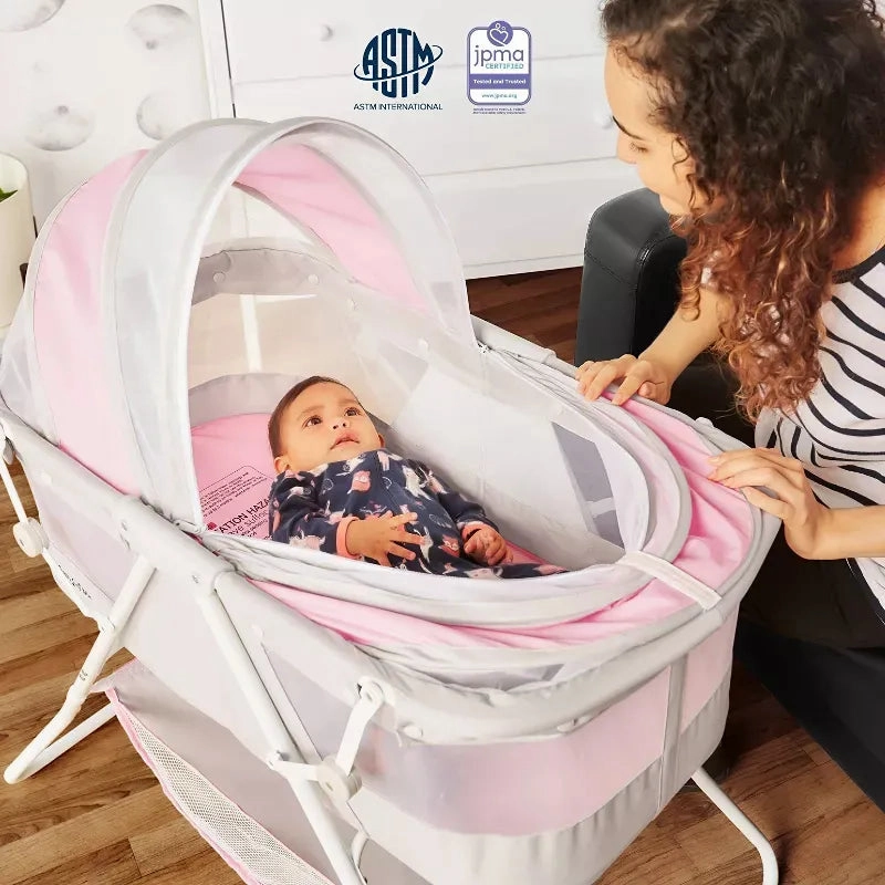 Karley Baby Bassinet in Grey and Pink, Lightweight Portable