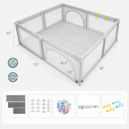 Large Infant Baby Playpen Safety Play Center Yard With 50 Ocean Balls-Gray