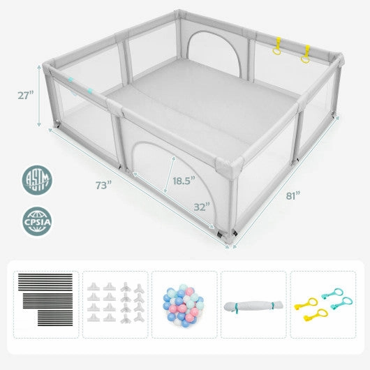 Large Infant Baby Playpen Safety Play Center Yard With 50 Ocean Balls-Gray