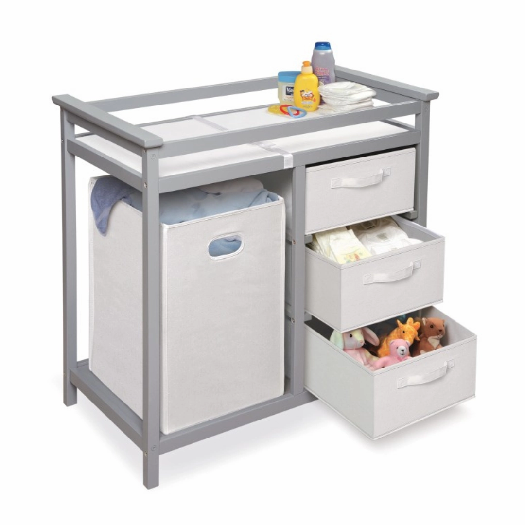 Modern Baby Changing Table with Hamper and 3 Baskets - Gray