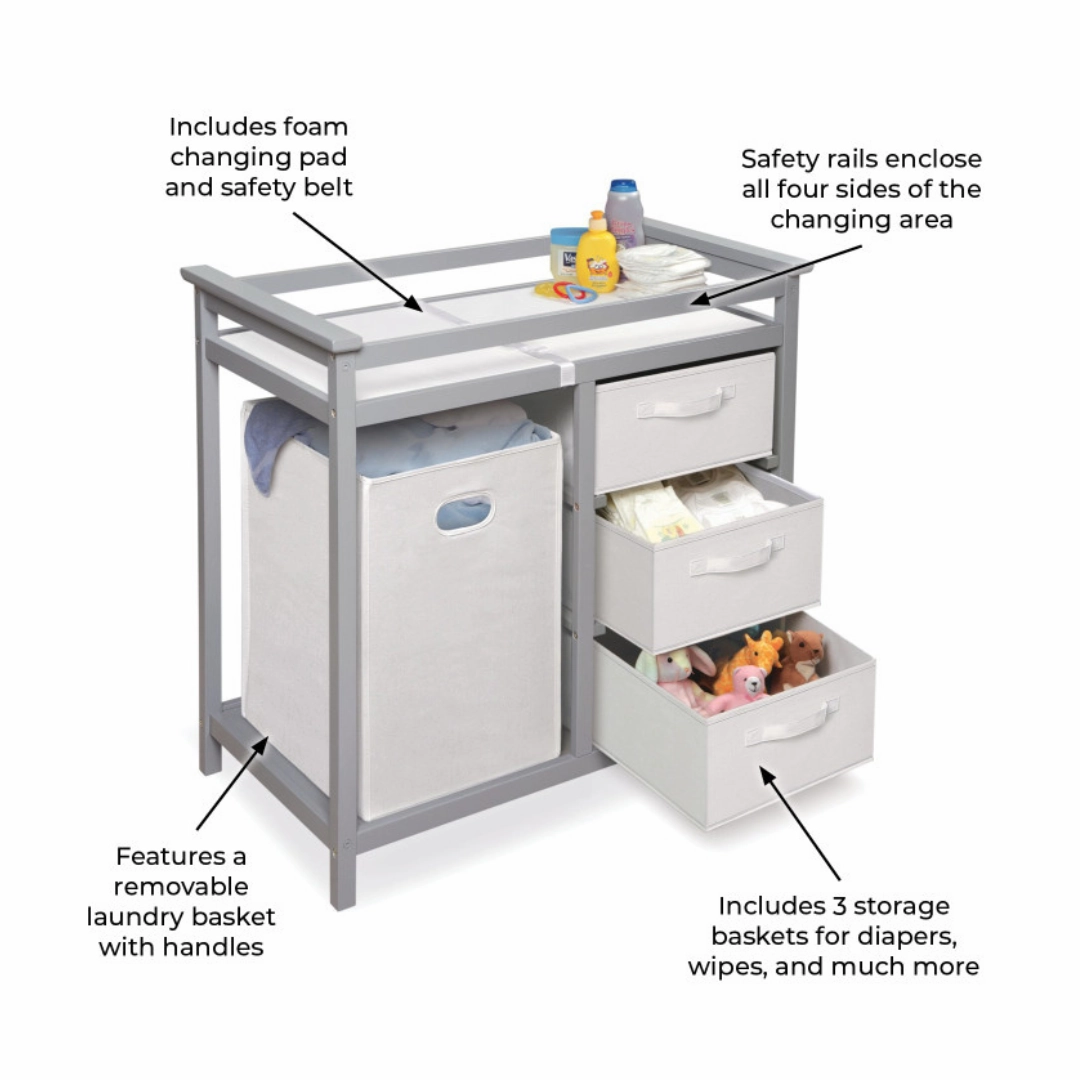 Modern Baby Changing Table with Hamper and 3 Baskets - Gray