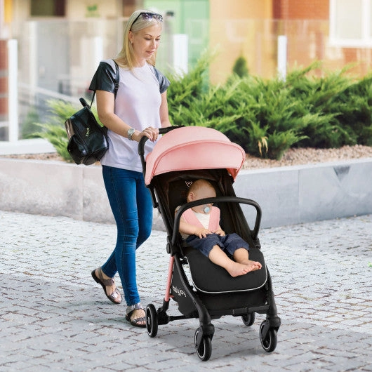 One-Hand Folding Portable Lightweight Baby Stroller With Aluminum Frame-Pink