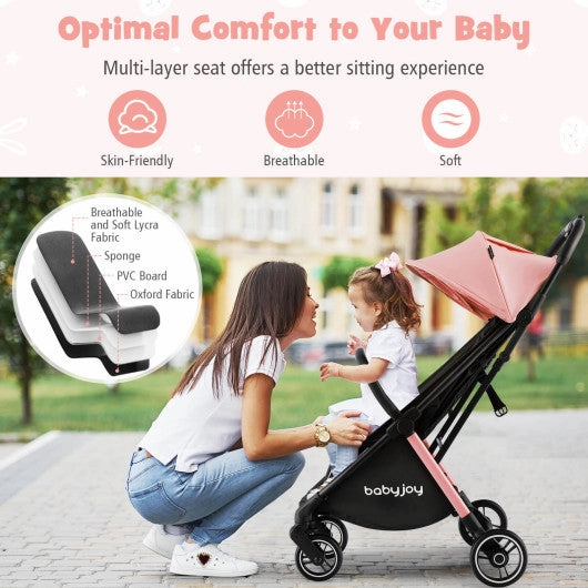 One-Hand Folding Portable Lightweight Baby Stroller With Aluminum Frame-Pink