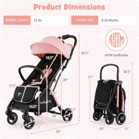 One-Hand Folding Portable Lightweight Baby Stroller With Aluminum Frame-Pink