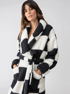 Shawl Collar Teddy Robe Black Check