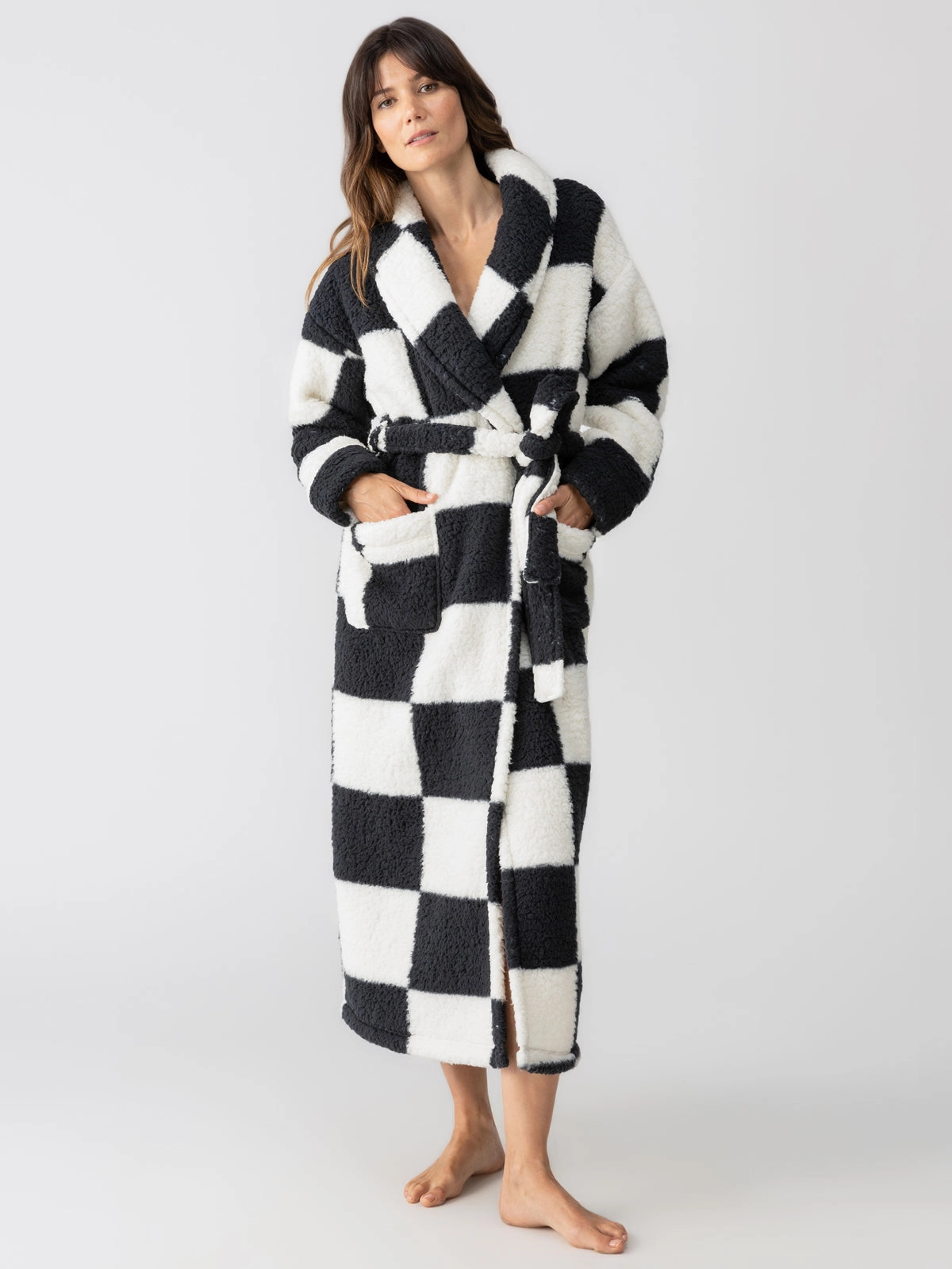 Shawl Collar Teddy Robe Black Check