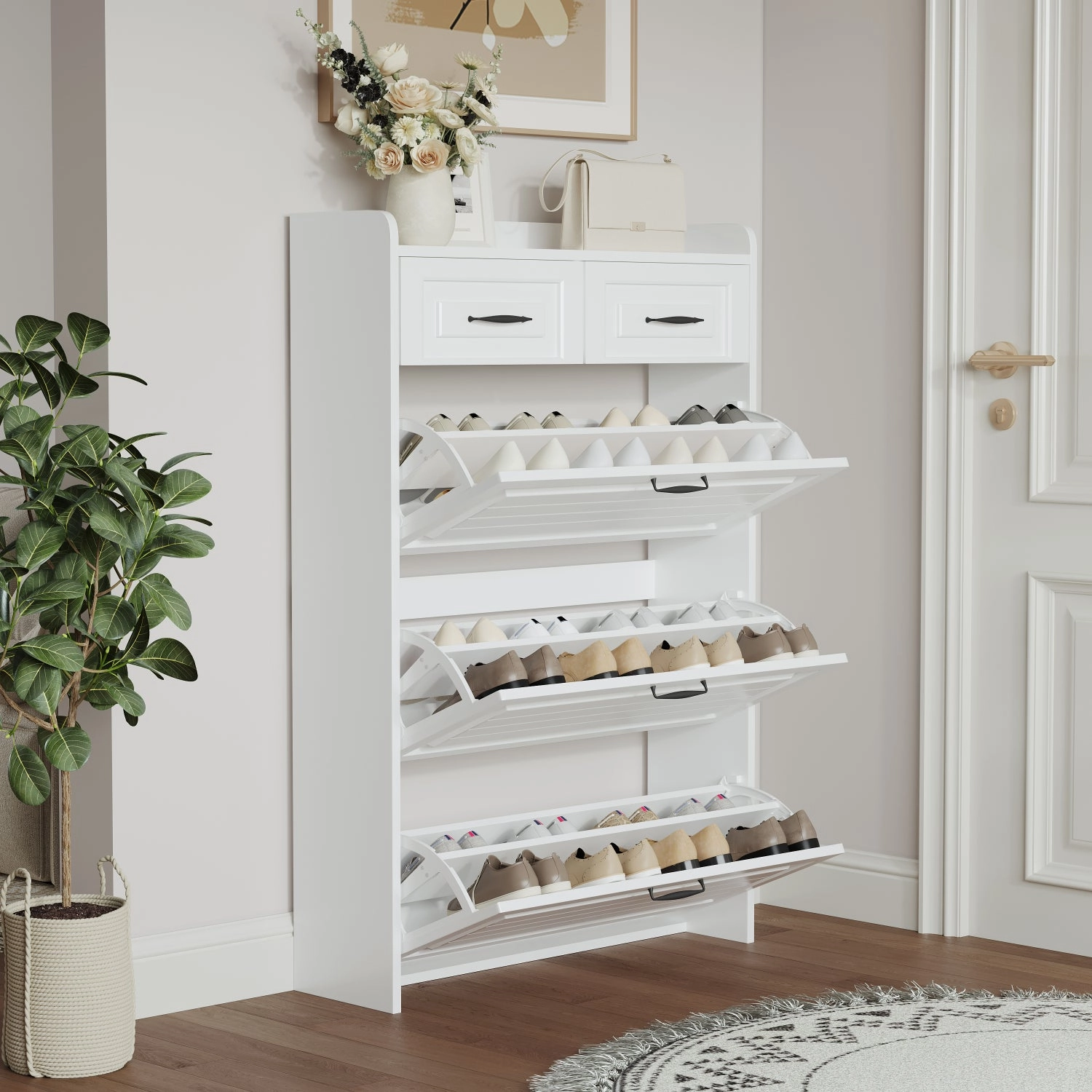 Streamdale 1250 White color shoe cabinet with 3 doors 2 drawers,large space for storage