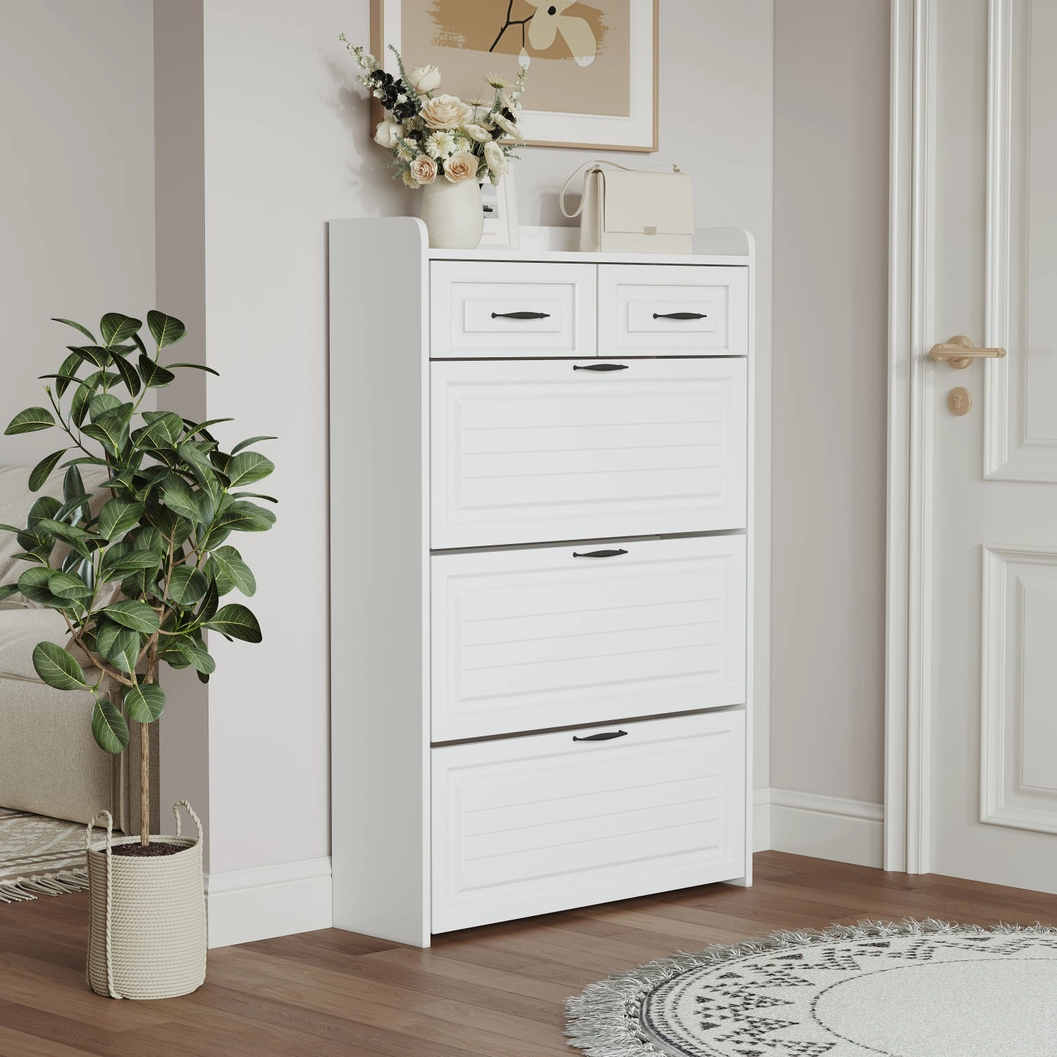 Streamdale 1250 White color shoe cabinet with 3 doors 2 drawers,large space for storage
