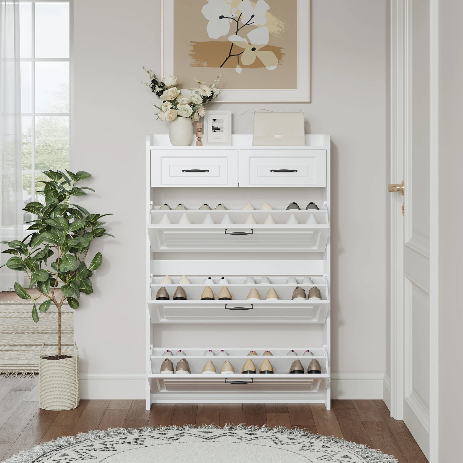 Streamdale 1250 White color shoe cabinet with 3 doors 2 drawers,large space for storage
