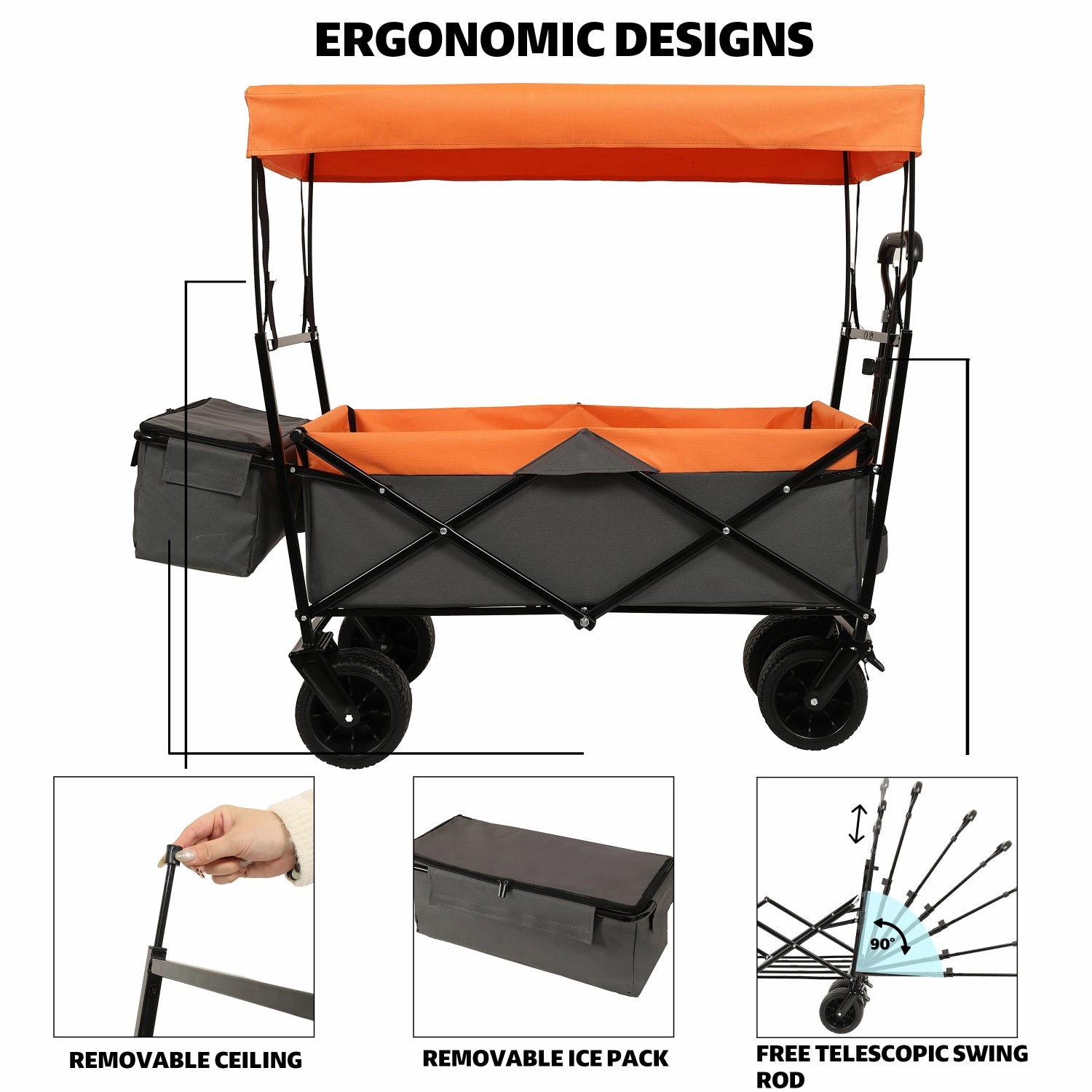 Streamdale 480Lbs Collapsible Wagon with Canopy, 7" All-Terrain Wheels, Orange